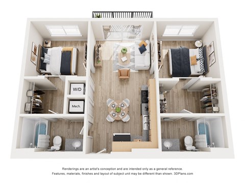 Floor plan for 2 beds, 2 baths, 851 sqft